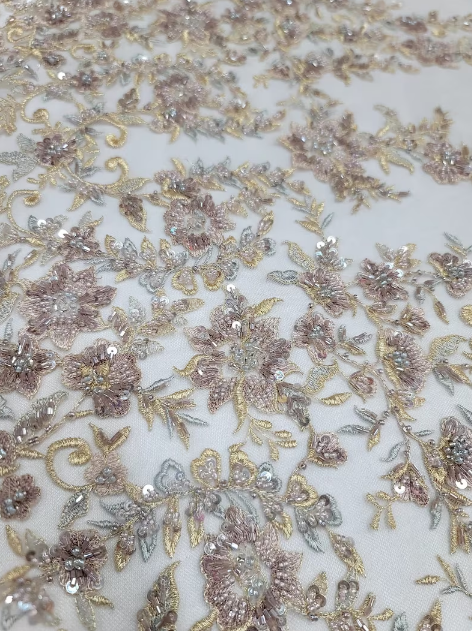 Enchanting Gold Mauve Floral Lace Beads Fabric by the Yard - Perfect for Prom and Bridal Elegance
