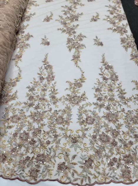 Enchanting Gold Mauve Floral Lace Beads Fabric by the Yard - Perfect for Prom and Bridal Elegance