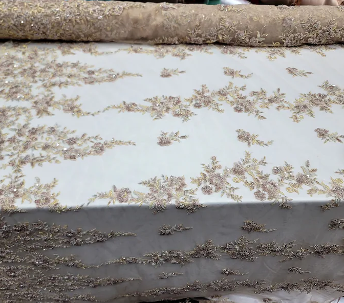 Enchanting Gold Mauve Floral Lace Beads Fabric by the Yard - Perfect for Prom and Bridal Elegance