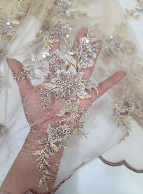 Enchanting Gold Mauve Floral Lace Beads Fabric by the Yard - Perfect for Prom and Bridal Elegance