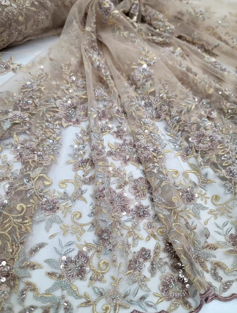 Enchanting Gold Mauve Floral Lace Beads Fabric by the Yard - Perfect for Prom and Bridal Elegance