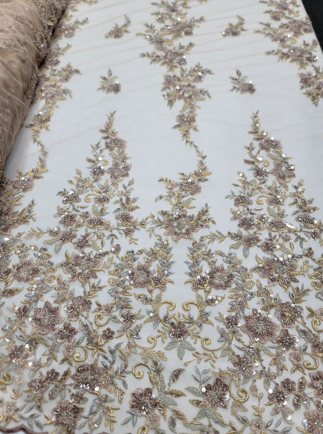 Enchanting Gold Mauve Floral Lace Beads Fabric by the Yard - Perfect for Prom and Bridal Elegance