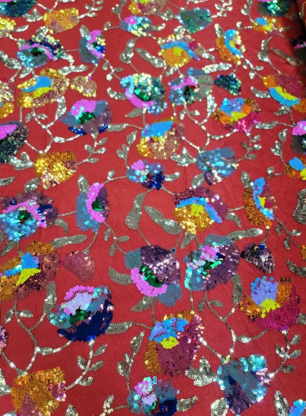 Iridescent Sequin Floral Lace Embroidery on Green Mesh Fabric - 52 Inches, Sold by the Yard