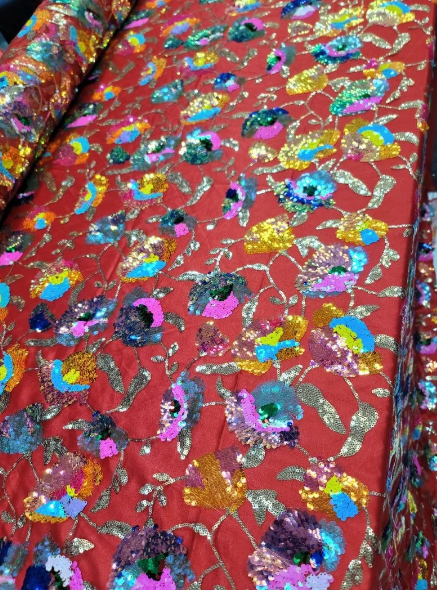 Iridescent Sequin Floral Lace Embroidery on Green Mesh Fabric - 52 Inches, Sold by the Yard