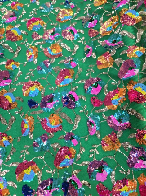 Iridescent Sequin Floral Lace Embroidery on Green Mesh Fabric - 52 Inches, Sold by the Yard