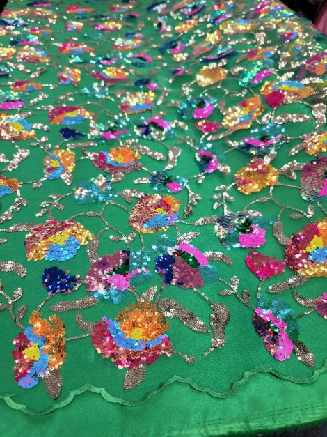 Iridescent Sequin Floral Lace Embroidery on Green Mesh Fabric - 52 Inches, Sold by the Yard
