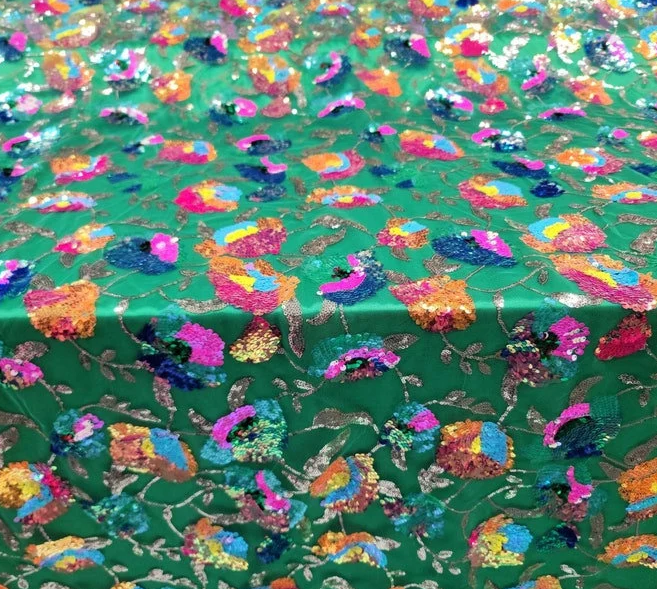 Iridescent Sequin Floral Lace Embroidery on Green Mesh Fabric - 52 Inches, Sold by the Yard