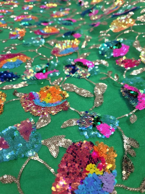 Iridescent Sequin Floral Lace Embroidery on Green Mesh Fabric - 52 Inches, Sold by the Yard