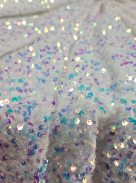 White Iridescent Sequin Embroidery on Stretch Velvet Sold by the Yard, 58 Inches Width