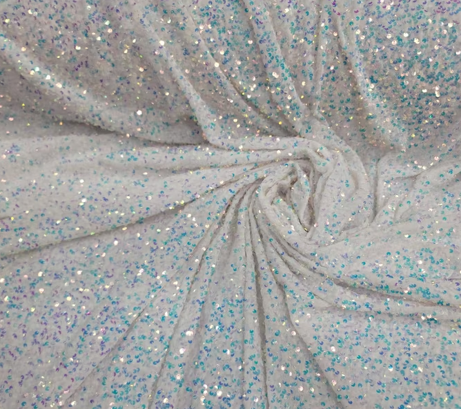 White Iridescent Sequin Embroidery on Stretch Velvet Sold by the Yard, 58 Inches Width