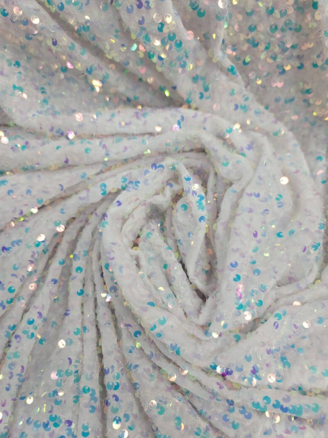 White Iridescent Sequin Embroidery on Stretch Velvet Sold by the Yard, 58 Inches Width