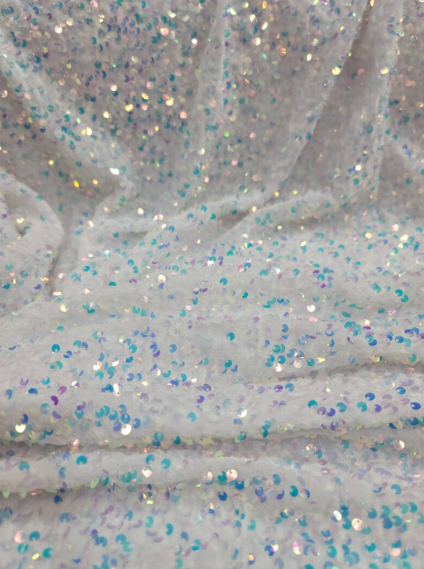 White Iridescent Sequin Embroidery on Stretch Velvet Sold by the Yard, 58 Inches Width