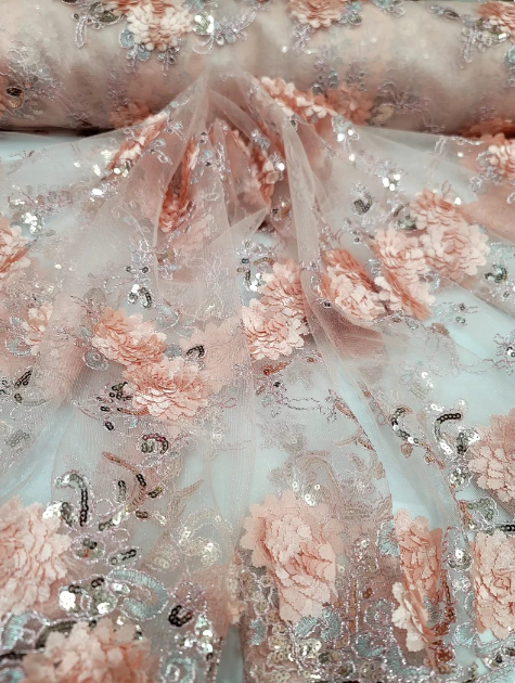 Blush Hand-Beaded Floral Lace on Mesh - Scalloped Edges with Pearls - Sold by Yard