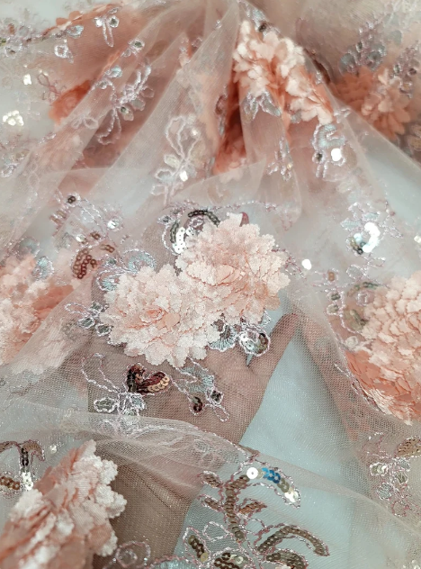 Blush Hand-Beaded Floral Lace on Mesh - Scalloped Edges with Pearls - Sold by Yard