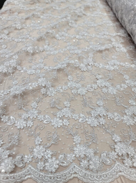 White Floral Lace with Embroidered Sequins on Mesh - Double Scalloped - Sold by Yard