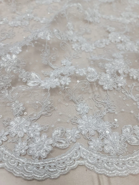White Floral Lace with Embroidered Sequins on Mesh - Double Scalloped - Sold by Yard