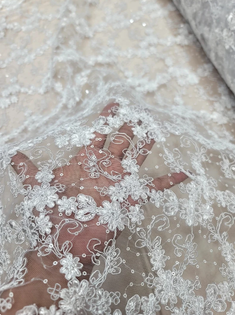 White Floral Lace with Embroidered Sequins on Mesh - Double Scalloped - Sold by Yard