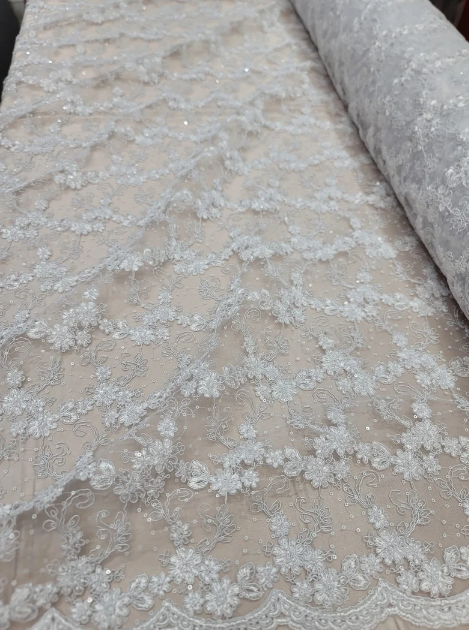 White Floral Lace with Embroidered Sequins on Mesh - Double Scalloped - Sold by Yard