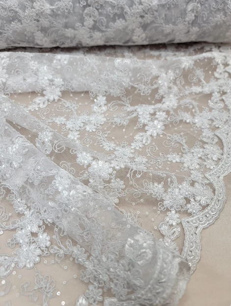 White Floral Lace with Embroidered Sequins on Mesh - Double Scalloped - Sold by Yard