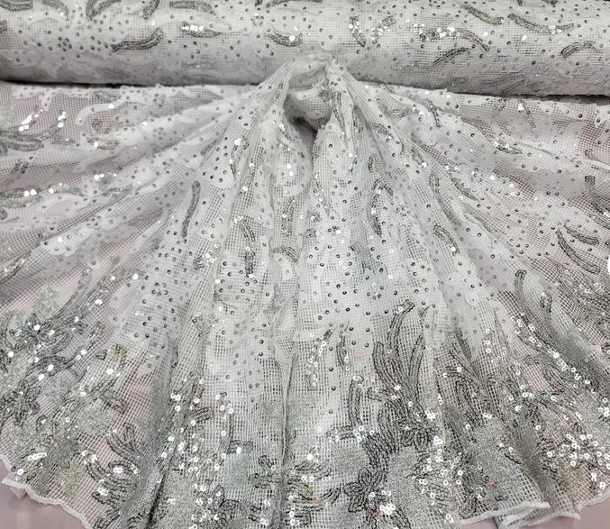 White Embroidery Lace Fabric Sold By The Yard Embroidery Sequins Silver On Fish Net