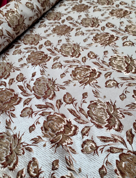 Brown & Gold Floral Brocade Jacquard Fabric - Sold by Yard - Gown, Quinceañera, Bridal, Upholstery