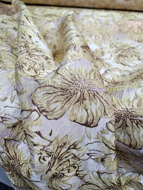 Gold Metallic Brocade with Yellow Floral Pattern on Beige Background - Sold by the Yard - Perfect for Gowns, Quinceañera, Bridal, and Upholstery