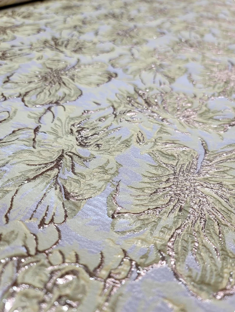 Gold Metallic Brocade with Yellow Floral Pattern on Beige Background - Sold by the Yard - Perfect for Gowns, Quinceañera, Bridal, and Upholstery