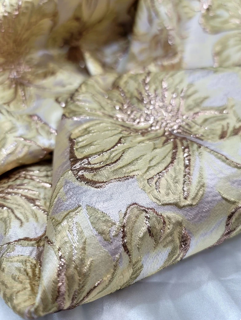 Gold Metallic Brocade with Yellow Floral Pattern on Beige Background - Sold by the Yard - Perfect for Gowns, Quinceañera, Bridal, and Upholstery