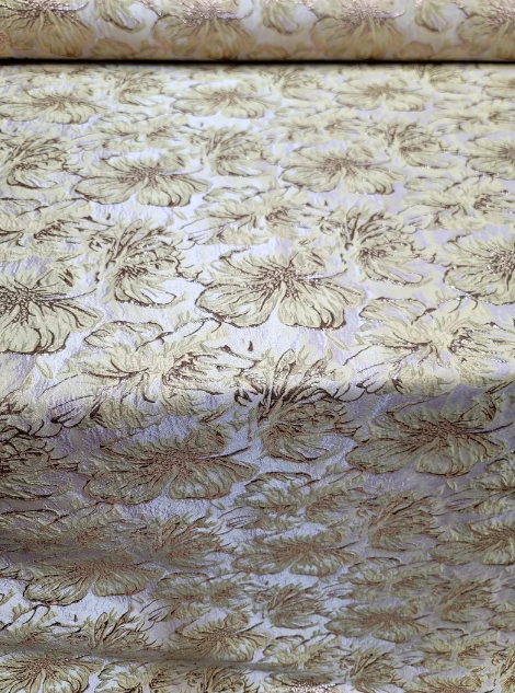 Gold Metallic Brocade with Yellow Floral Pattern on Beige Background - Sold by the Yard - Perfect for Gowns, Quinceañera, Bridal, and Upholstery