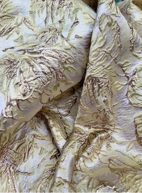 Gold Metallic Brocade with Yellow Floral Pattern on Beige Background - Sold by the Yard - Perfect for Gowns, Quinceañera, Bridal, and Upholstery