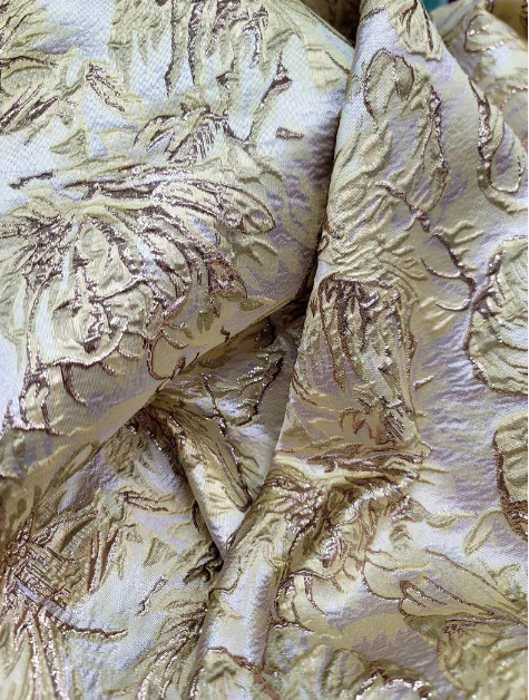 Gold Metallic Brocade with Yellow Floral Pattern on Beige Background - Sold by the Yard - Perfect for Gowns, Quinceañera, Bridal, and Upholstery