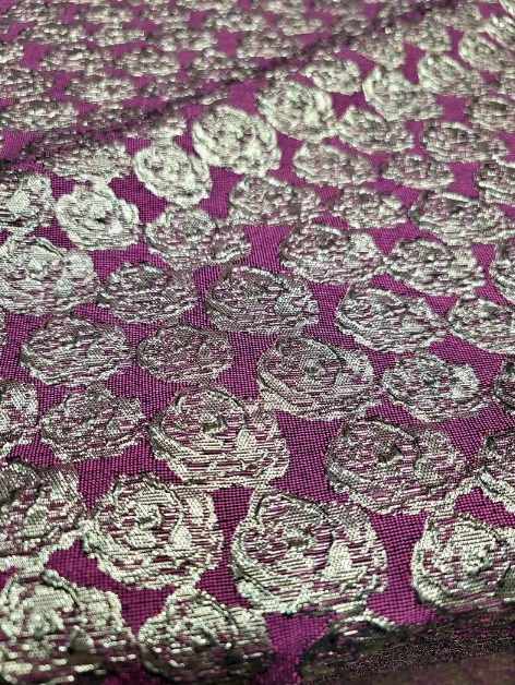 Gold Metallic Brocade Floral Jacquard Fabric by the Yard - Ideal for Gowns, Quinceañera, Bridal, and Elegant Decor - Textured Fuchsia Background