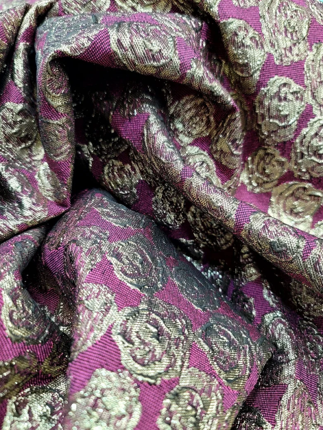 Gold Metallic Brocade Floral Jacquard Fabric by the Yard - Ideal for Gowns, Quinceañera, Bridal, and Elegant Decor - Textured Fuchsia Background