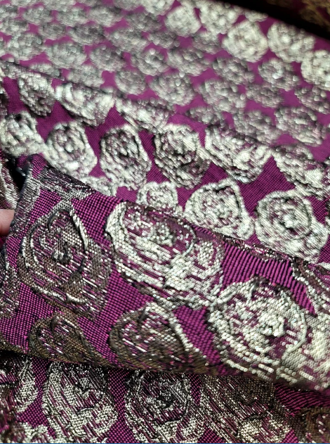 Gold Metallic Brocade Floral Jacquard Fabric by the Yard - Ideal for Gowns, Quinceañera, Bridal, and Elegant Decor - Textured Fuchsia Background