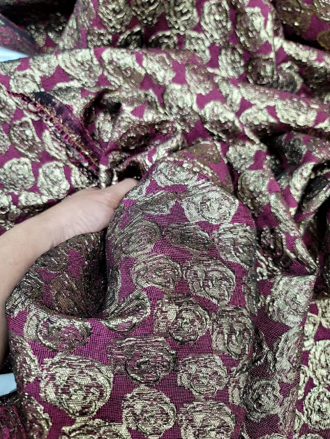 Gold Metallic Brocade Floral Jacquard Fabric by the Yard - Ideal for Gowns, Quinceañera, Bridal, and Elegant Decor - Textured Fuchsia Background