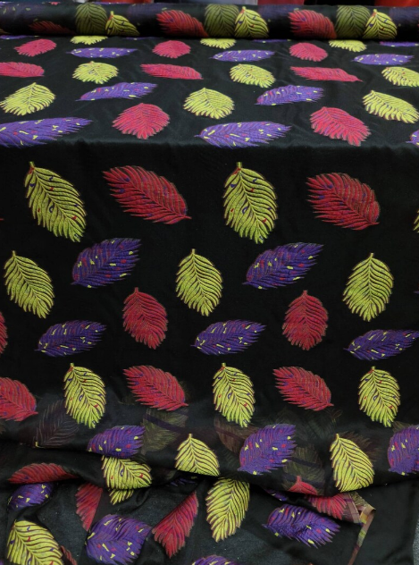 Multicolor Leaves Brocade On Black Organza Fabric By The Yard Yellow Purple Red Leaves
