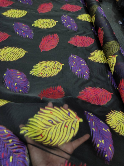 Multicolor Leaves Brocade On Black Organza Fabric By The Yard Yellow Purple Red Leaves
