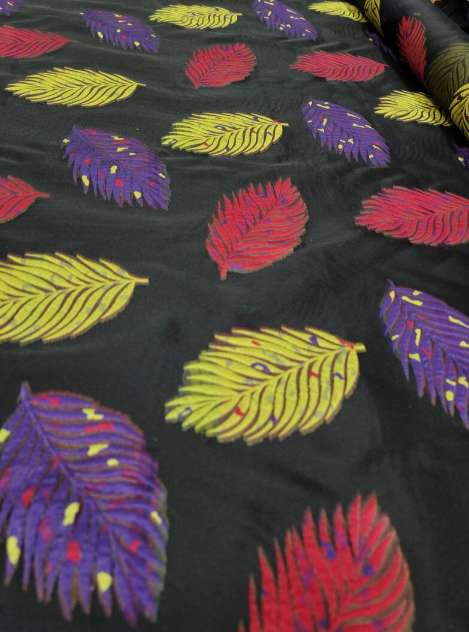 Multicolor Leaves Brocade On Black Organza Fabric By The Yard Yellow Purple Red Leaves
