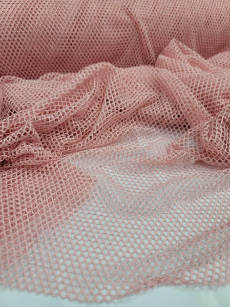 Blush Embroidered Fish Net Silver Mylar Fabric Sold by the Yard