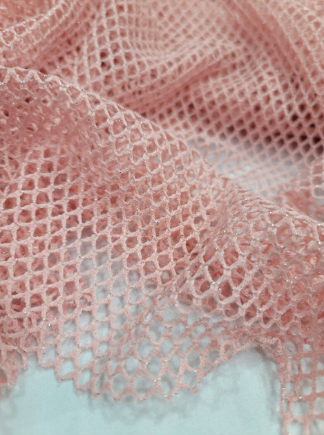 Blush Embroidered Fish Net Silver Mylar Fabric Sold by the Yard Gown Bridal Evening Dress Decoration