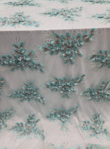 Mint 3d Lace Embroidery 3d Floral Rhinestones On Mesh Fashion Lace Quinceañera Bridal
