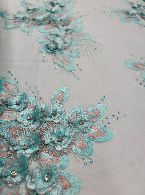 Mint 3d Lace Embroidery 3d Floral Rhinestones On Mesh Fashion Lace Quinceañera Bridal