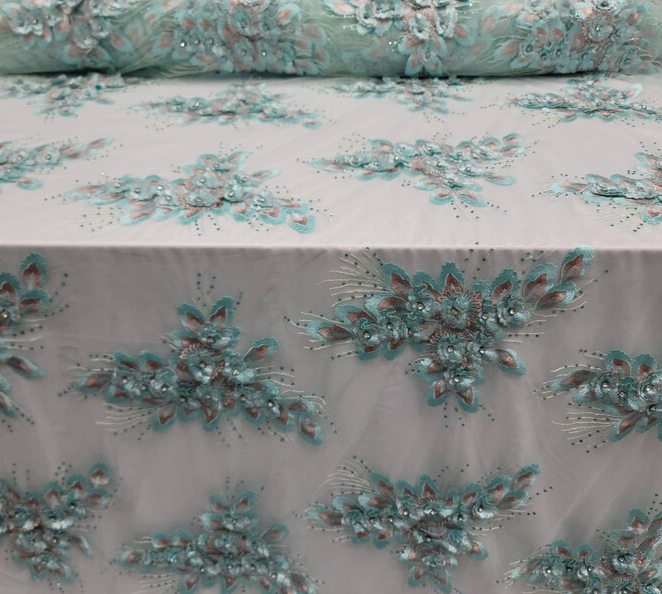 Mint 3d Lace Embroidery 3d Floral Rhinestones On Mesh Fashion Lace Quinceañera Bridal