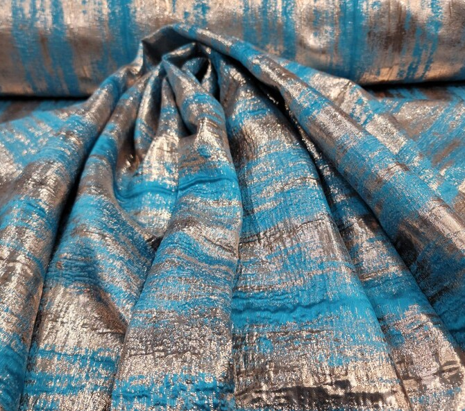 Turquoise and Metallic Gold Brocade Jacquard Fabric Sold by the Yard Decoration Textured Panel Decoration Clothing Draping