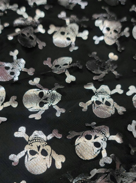 Silver Metallic Skulls On Black Mesh Hallowen Fabric Sold by the Yard Clothing Draping Decoration Pirate Skulls Telas Para Costura