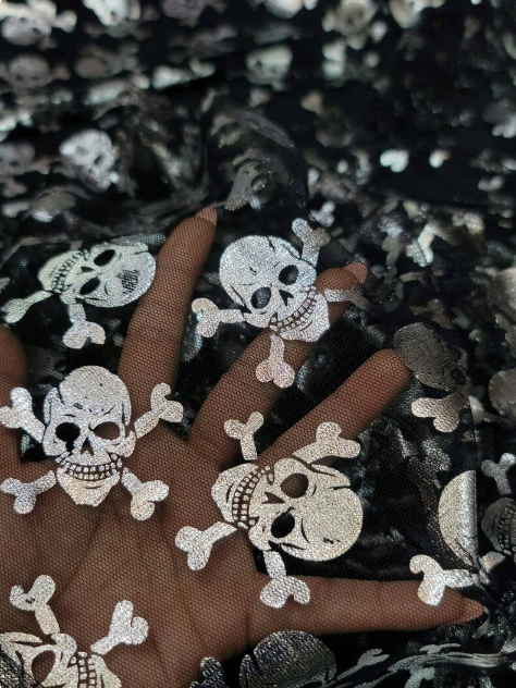 Silver Metallic Skulls On Black Mesh Hallowen Fabric Sold by the Yard Clothing Draping Decoration Pirate Skulls Telas Para Costura