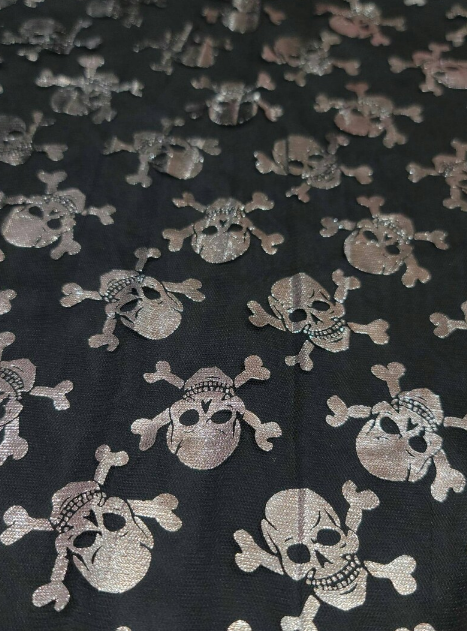 Silver Metallic Skulls On Black Mesh Hallowen Fabric Sold by the Yard Clothing Draping Decoration Pirate Skulls Telas Para Costura