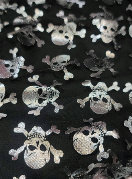 Silver Metallic Skulls On Black Mesh Hallowen Fabric Sold by the Yard Clothing Draping Decoration Pirate Skulls Telas Para Costura