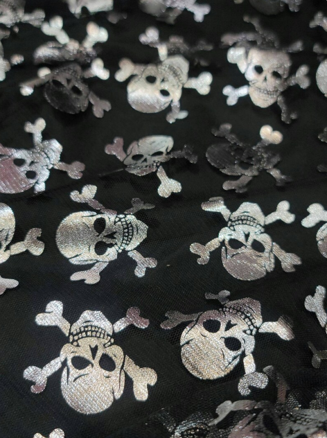 Silver Metallic Skulls On Black Mesh Hallowen Fabric Sold by the Yard Clothing Draping Decoration Pirate Skulls Telas Para Costura