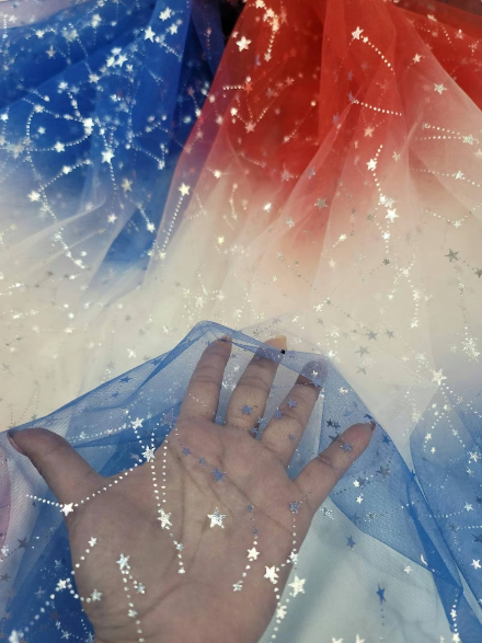Inspired American Flag Fabric By The Yard Fashion Red White Blue Silver Stars Stretch Tulle Clothing Backdrop Party Decorative